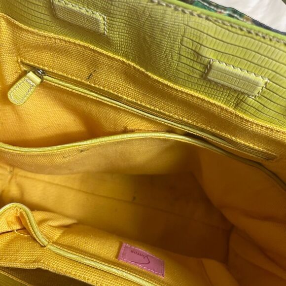 Sharon 71% silk multi color tulips & leather crocs print sage green satchel . - Picture 14 of 15